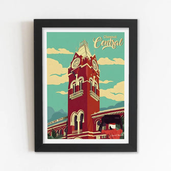 Chennai (Madras, Central, Old Madras, Railways Station) Framed Poster with Acrylic Glass, Multicolor - Perfect for Room & Office Decor 
